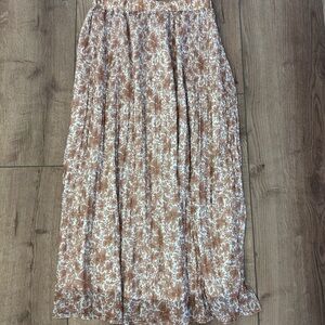 Roolee Beige and White Floral Pleated Midi Skirt